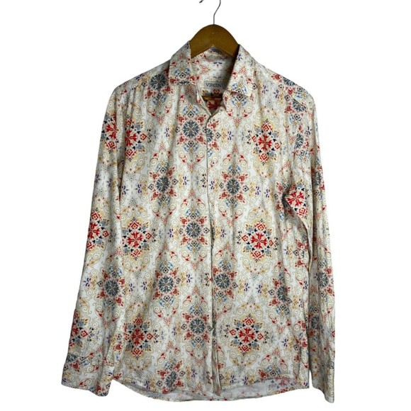 Vercini Mens Size Medium Cream Red Blue Dress Shirt 100% Cotton Long Sleeve - Picture 1 of 9